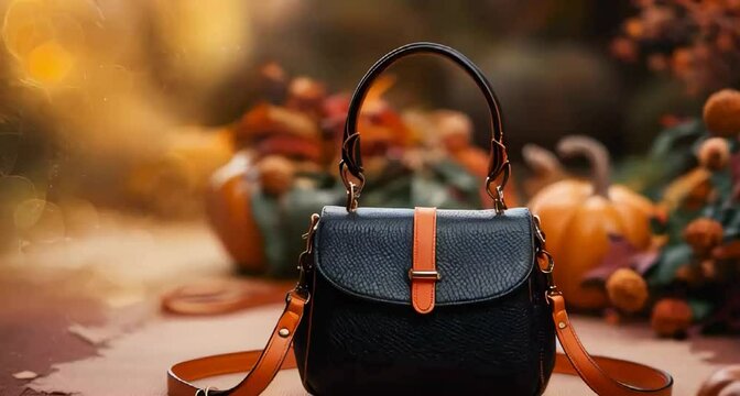 A visually stunning, cinematic keyframe featuring a beautiful black leather purse with an orange strap, set against a warm, earthy background