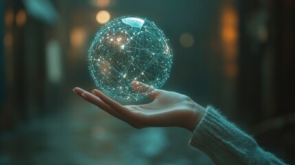 Fototapeta premium Metaverse Virtual Technology.Woman hand holding global network connection. Internet communication, Wireless connection technology