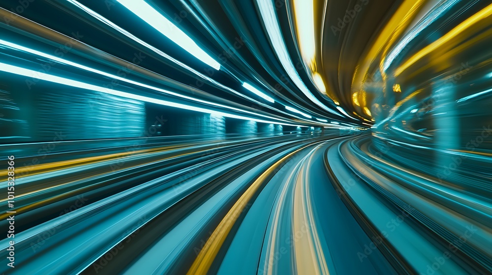 Leinwandbilder Abstract motion blur of a tunnel with blue and yellow lights, creating a sense of speed and movement.