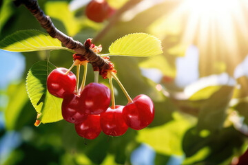 Obraz premium Organic ripe cherries in sunlight. Fruit trees in a summer garden.