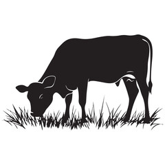 Cow silhouette Vector Illustration, Cow Grazing On Meadow, Dairy farm cow vector silhouette icon. Beef cattle cow animal farmer isolated illustration