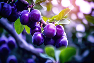 Organic ripe plum fruits in sunlight. Fruit trees in a summer garden.