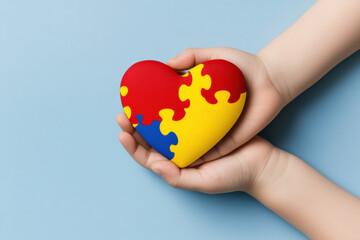 Child hand holding colorful heart on light blue background. World autism awareness day concept