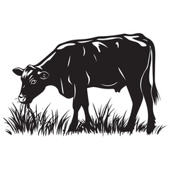 Cow silhouette Vector Illustration, Cow Grazing On Meadow, Dairy farm cow vector silhouette icon. Beef cattle cow animal farmer isolated illustration