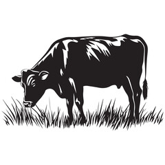 Cow silhouette Vector Illustration, Cow Grazing On Meadow, Dairy farm cow vector silhouette icon. Beef cattle cow animal farmer isolated illustration
