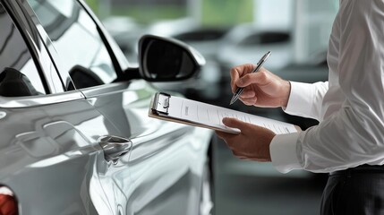 Fototapeta premium Close-up of a car salesman writing on a clipboard at a modern dealership