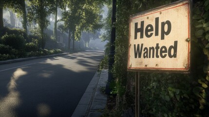 Desperate Job Search: A "Help Wanted" Sign on a Lonely Road
