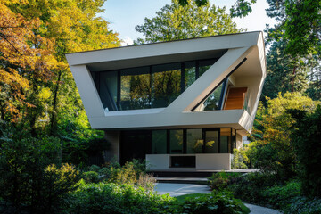 Luxurious tiny house with sharp geometric angles is blending into a lush green forest