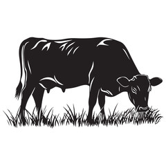 Cow silhouette Vector Illustration, Cow Grazing On Meadow, Dairy farm cow vector silhouette icon. Beef cattle cow animal farmer isolated illustration