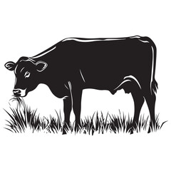 Cow silhouette Vector Illustration, Cow Grazing On Meadow, Dairy farm cow vector silhouette icon. Beef cattle cow animal farmer isolated illustration