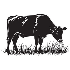 Cow silhouette Vector Illustration, Cow Grazing On Meadow, Dairy farm cow vector silhouette icon. Beef cattle cow animal farmer isolated illustration