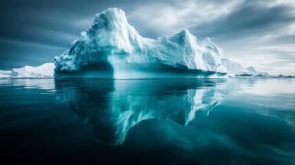 Fototapeta premium A large iceberg floats in a calm, blue sea, its reflection mirroring its shape in the water.
