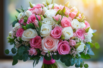 Obraz premium Spring Wedding Bouquet: Pink and White Roses with Greenery in a Fresh Floral Arrangement