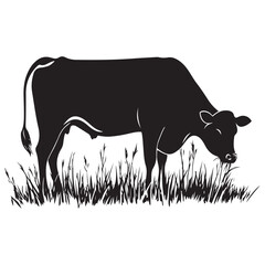 Cow silhouette Vector Illustration, Cow Grazing On Meadow, Dairy farm cow vector silhouette icon. Beef cattle cow animal farmer isolated illustration