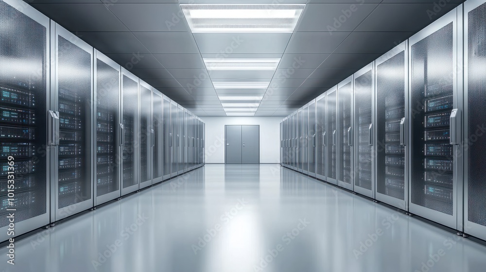 Poster server racks in computer network security server room data center.