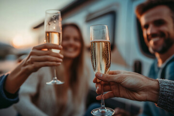 Friends celebrating together with champagne glasses during a beautiful sunset gathering outdoors