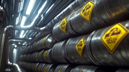 Hazardous Industrial Barrels - A towering stack of industrial metal barrels, each marked with bright yellow hazard signs, creates a visually striking and ominous scene.