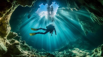 Obraz premium A diver hovers in a mystical cave, their light illuminating the watery depths.