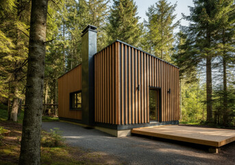 Fototapeta premium Modern and compact tiny house with a distinctive wooden facade, seamlessly blending into its tranquil forest surroundings