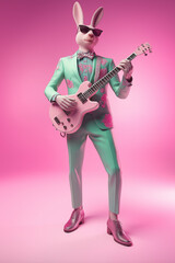 Obraz premium An abstract, trendy Easter bunny playing guitar and striking a human-like pose, dressed in a stylish hipster suit.