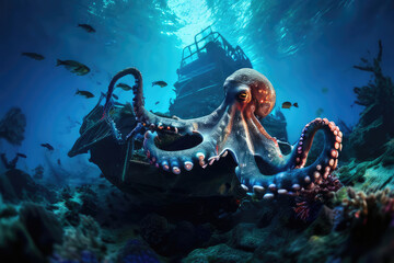 A shipwreck on the sea bottom with a large octopus.