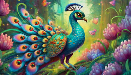 Fototapeta premium oil painting style cartoon character illustration multicolored portrait of a blue peacock 
