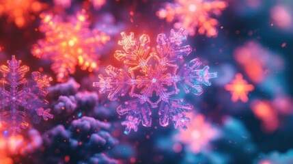 Vibrant Macro Photography of Glowing Snowflakes in Abstract Winter Wonderland