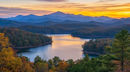 Stunning Sunset Over the Serene Lake in the Smoky Mountains