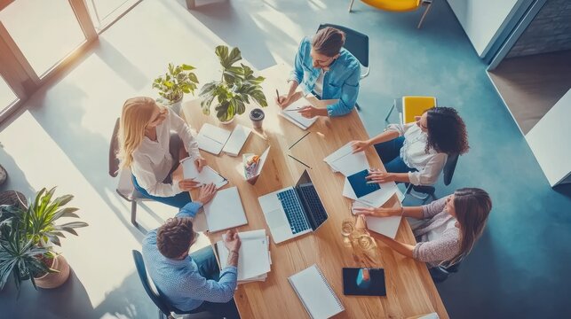 topview of creative agency business brain storm meeting presentation Team discussing roadmap to product launch, presentation, planning, strategy, new business development