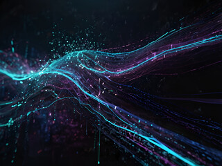 Dynamic digital particles in 3D space, bright colors