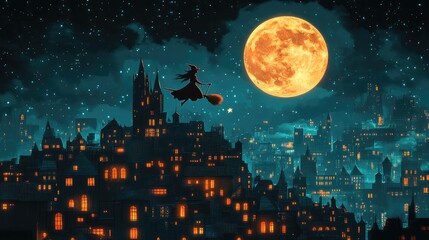 Naklejka premium Enchanting Witch Silhouette Flying Over Moonlit Cityscape