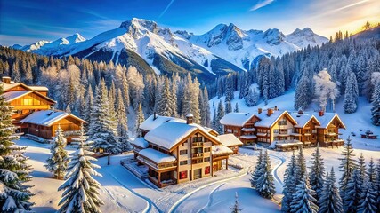 Winter ski resort with mountains in snow, cableway and village house. Alps landscape panorama with snowy slopes, hills, cablecars, chalet. Nature background, scenery