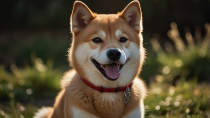 A Shiba Inu dog with a red collar, looking directly at the camera with a playful expression in a field of green grass.