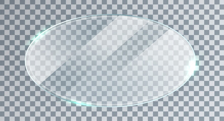 Glass oval frame. Bright mirror panel. Glossy screen effect texture. Plastic plate mockup. Digital border. Clear button. Window tag and badge. Shiny framework. Light banner. Vector illustration