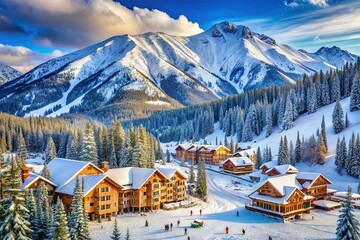 Fototapeta premium Winter ski resort with mountains in snow, cableway and village house. Alps landscape panorama with snowy slopes, hills, cablecars, chalet. Nature background, scenery
