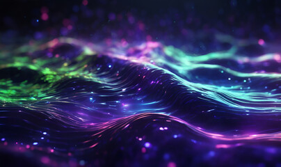 Futuristic flow of particles glowing with electric colors