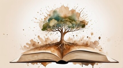 Watercolor open book with a tree growing from its pages, symbolizing knowledge and growth