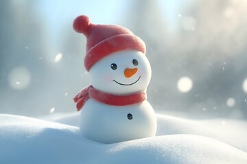 Fototapeta premium cute little snowman in the snow on the cold frosty winter with hat and scarf