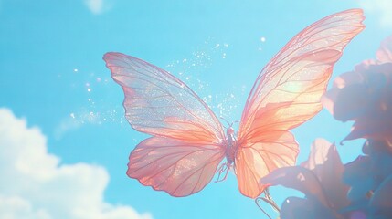   A close-up butterfly flies above flowers and blue sky