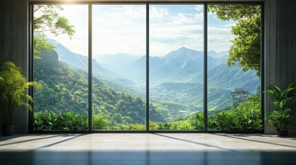 Naklejka premium large window framing a stunning view of mountains and greenery
