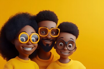 Fototapeta premium 3D illustration of portrait of smiling black family, parents with their child, representing happiness, unity and love
