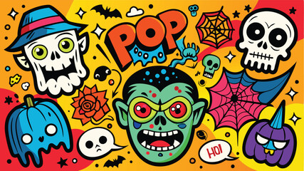 Colorful cartoon-style illustration featuring playful skulls and spooky elements with a vibrant background full of shapes and colors