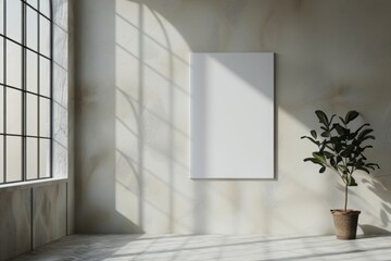 Minimalist interior with blank vertical canvas on textured wall, potted plant, and large window casting shadows. Mockup.  Generative AI