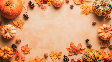A pumpkin and a few leaves are arranged in a circle