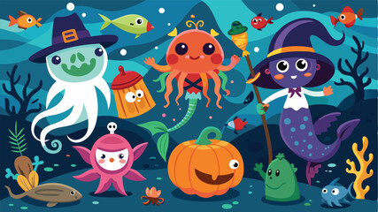 A whimsical underwater Halloween celebration featuring a playful wizard, a friendly mermaid, and cheerful aquatic creatures amidst vibrant seaweed and pumpkins, perfect for festive fun
