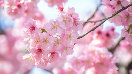 Obraz premium Realistic fruit tree branch with spring flowers. Beautiful flowering apple tree in spring day. Illustration for cover, card, postcard, brochure, advertising or presentation.
