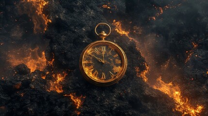 A vintage pocket watch rests on black volcanic rock amidst glowing flames. The intense orange and yellow hues of the fire contrast with the dark, textured surface of the rock, symbolizing the passage