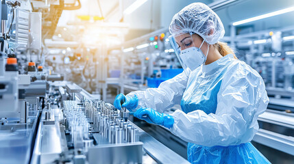 a woman in protective gear inspecting the quality of products on an assembly line, surrounded by advanced machinery