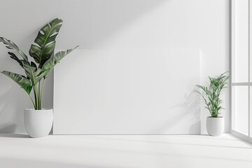 Blank white poster board leaning against a wall with potted tropical plants on either side in a bright interior space. Mockup.  Generative AI