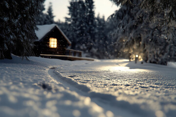 A typical cabin in a snowy winter wonderland with lights in the windows that cast a warm and cozy glow.